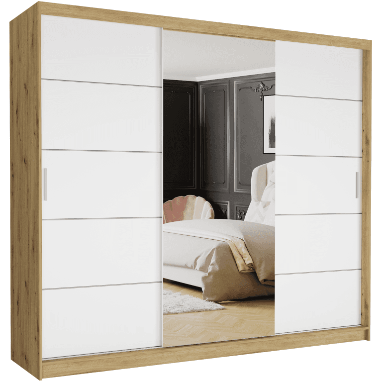Posuvná skriňa Norvio I 250 cm artisan so zrkadlom 3-dverová biele strieborné priečky