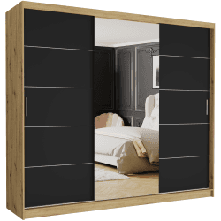 Posuvná skriňa Norvio I 250 cm artisan so zrkadlom 3-dverová čierne strieborné priečky