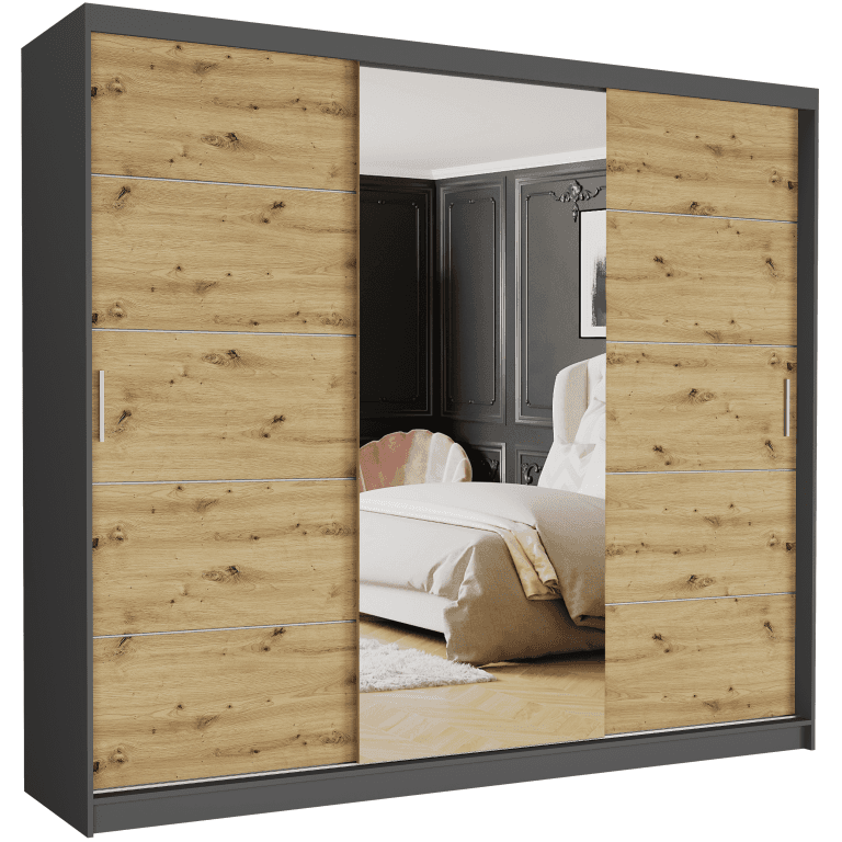 Posuvná skriňa Norvio I 250 cm antracit s zrkadlom 3-dverová artisan strieborné priečky