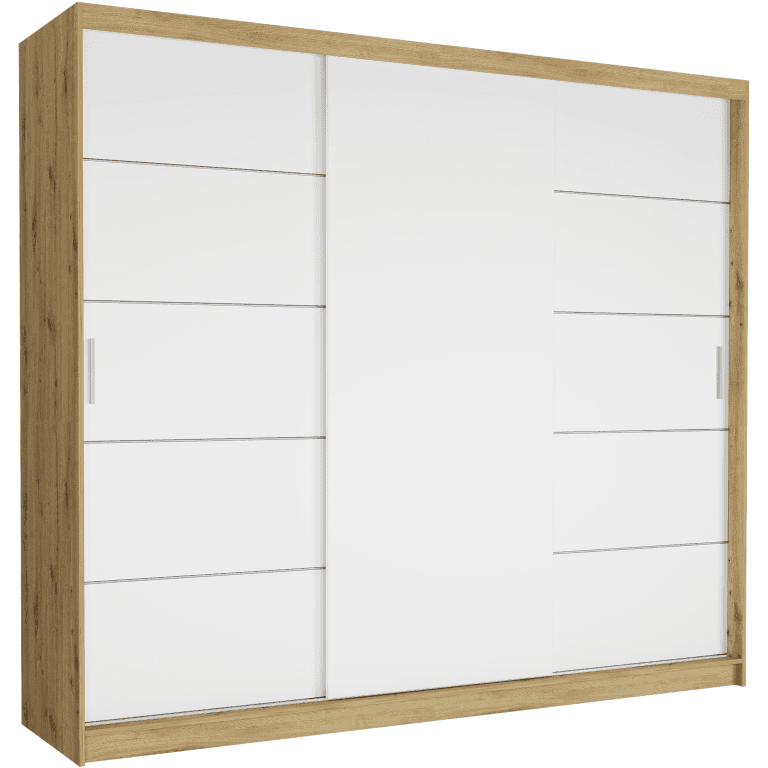 Posuvná skriňa Norvio III 250 cm artisan 3-dverová biela so striebornými priečkami