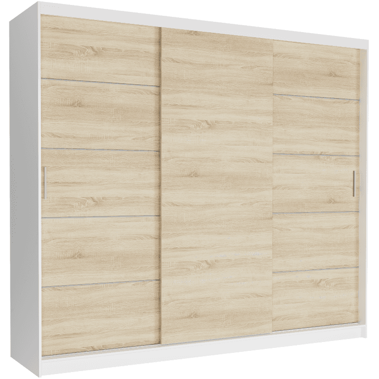Posuvná skriňa Norvio III 250 cm biela 3-dverová sonoma strieborné priečky