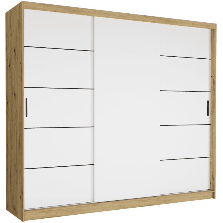 Posuvná skriňa Norvio IV 250 cm artisan 3-dverová biela čierne priečky