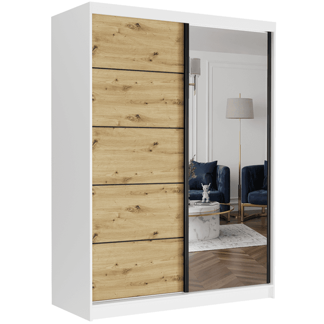 Posuvná skriňa Rivano IA 150 cm biela so zrkadlom 2-dverová artisan čierne priečky