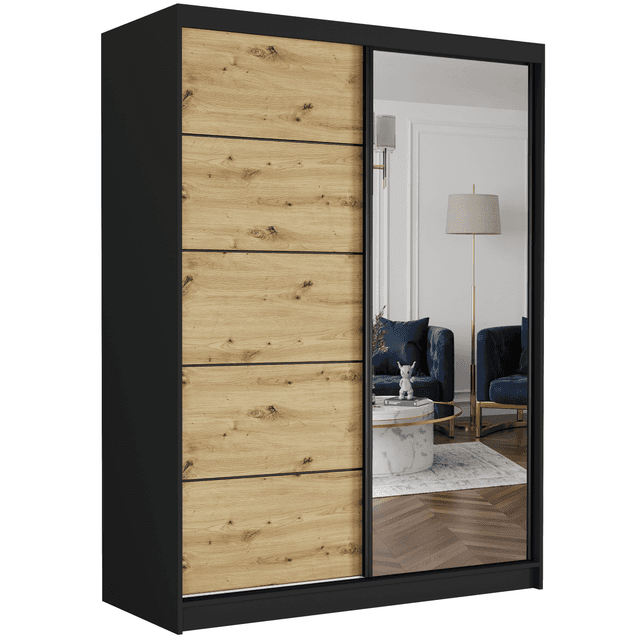 Posuvná skriňa Rivano IA 150 cm čierna s zrkadlom 2-dverová artisan čierne priečky