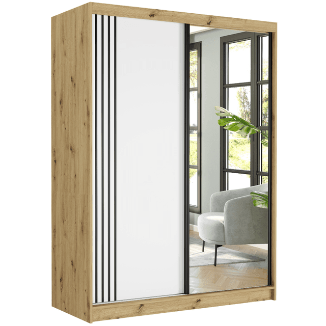 Posuvná skriňa Rivano V 150 cm artisan so zrkadlom 2-dverová biela čierne priečky