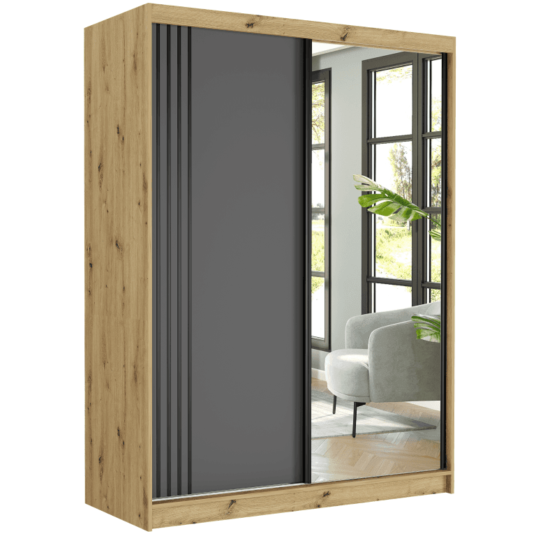Posuvná skriňa Rivano V 150 cm artisan so zrkadlom 2-dverová antracit čierne priečky