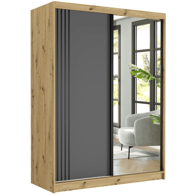Posuvná skriňa Rivano V 150 cm artisan so zrkadlom 2-dverová antracit čierne priečky