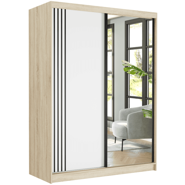 Posuvná skriňa Rivano V 150 cm sonoma s zrkadlom 2-dverová biela čierne priečky