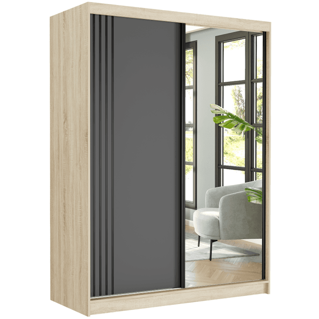 Posuvná skriňa Rivano V 150 cm sonoma s zrkadlom 2-dverová antracit čierne priečky