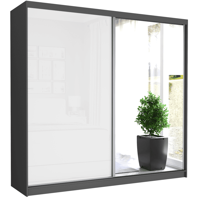 Posuvná skriňa Selvio V 233 cm antracit s zrkadlom 2-dverová biela pololesk