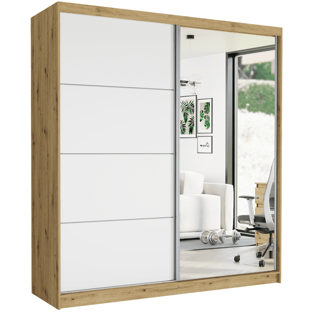 Posuvná skriňa Tivaro VII 203 cm artisan so zrkadlom 2-dverová biela strieborné priečky