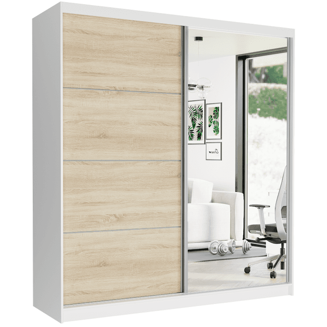 Posuvná skriňa Tivaro VIII 203 cm biela so zrkadlom 2-dverová sonoma strieborné priečky