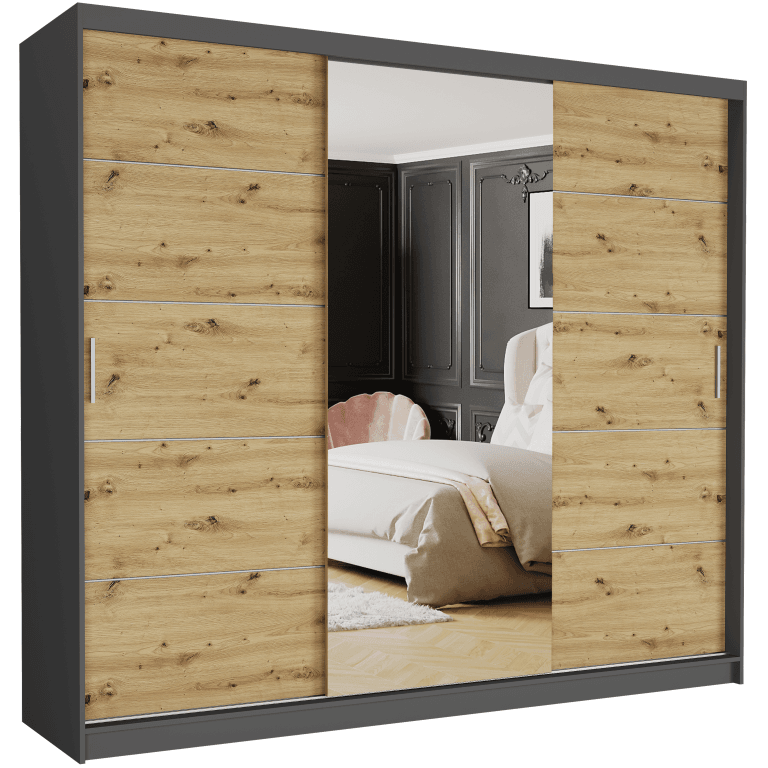 Posuvná skriňa Norvio I 250 cm antracit s zrkadlom 3-dverová artisan strieborné priečky – fotografia 1