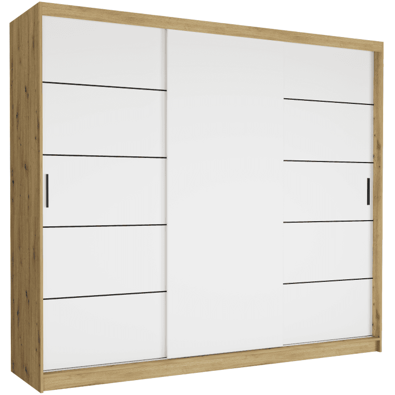 Posuvná skriňa Norvio IV 250 cm artisan 3-dverová biela čierne priečky – fotografia 1
