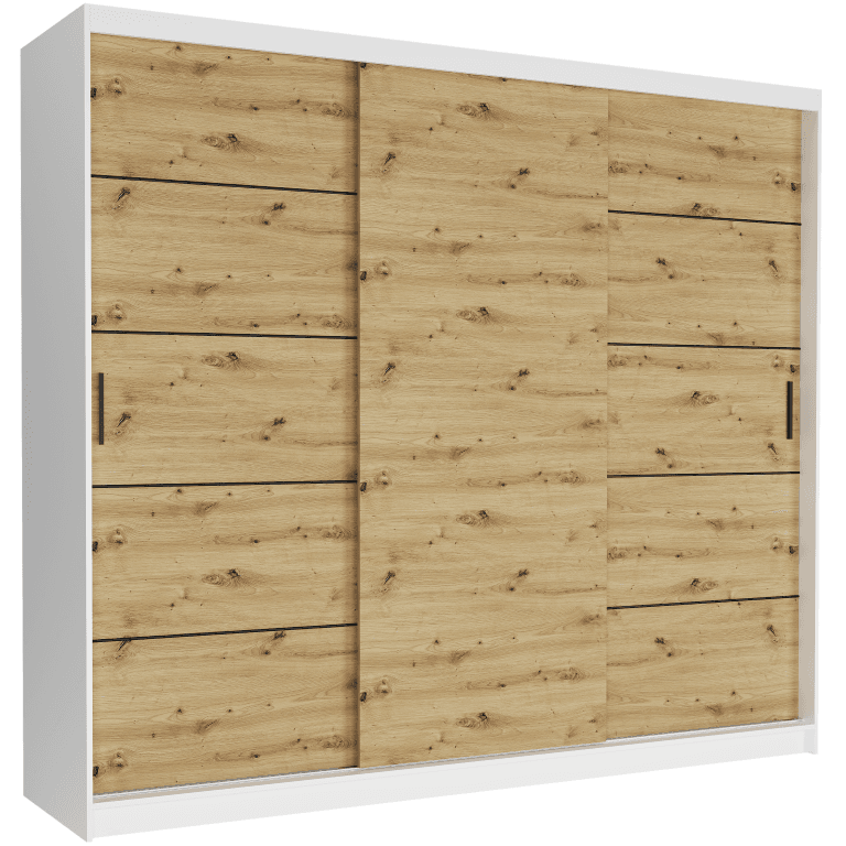 Posuvná skriňa Norvio IV 250 cm biela 3-dverová artisan čierne priečky – fotografia 1