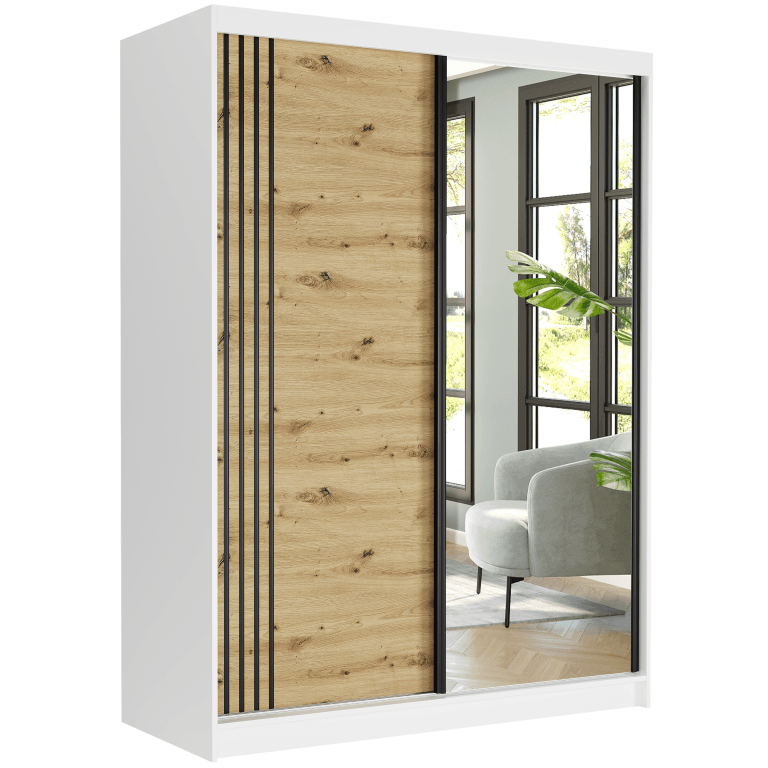 Posuvná skriňa Rivano V 150 cm biela so zrkadlom 2-dverová artisan čierne mriežky – fotografia 1