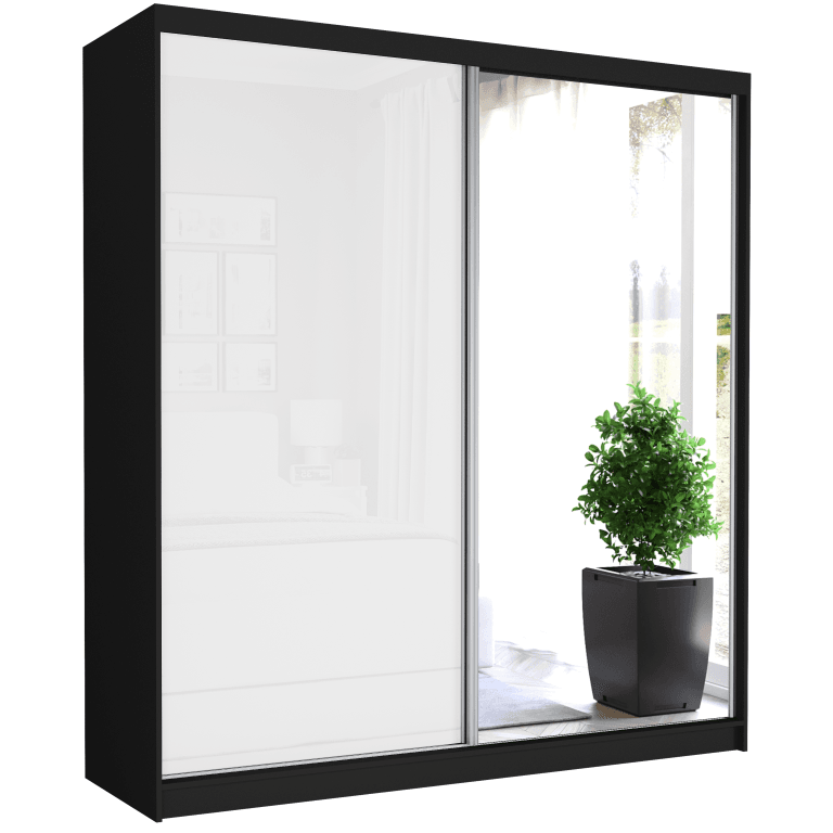 Posuvná skriňa Tivaro V 203 cm čierna so zrkadlom 2-dverová biely pololesk – fotografia 1