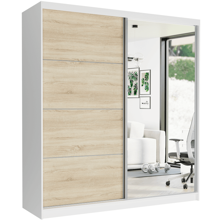 Posuvná skriňa Tivaro VIII 203 cm biela so zrkadlom 2-dverová sonoma strieborné priečky – fotografia 1
