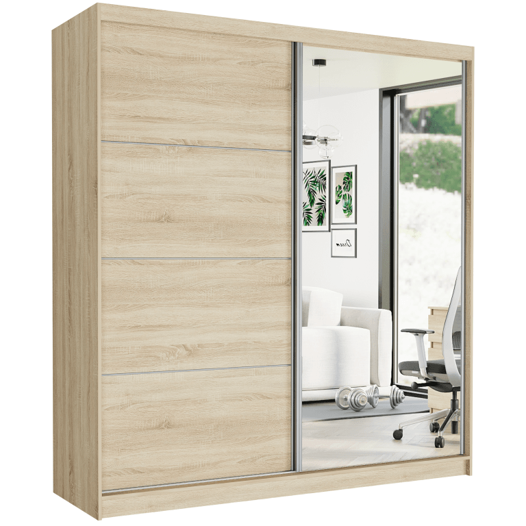 Posuvná skriňa Tivaro VIII 203 cm sonoma so zrkadlom 2-dverová sonoma so striebornými lištami – fotografia 1