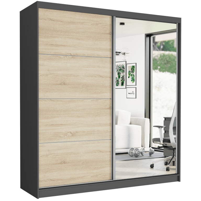 Posuvná skriňa Tivaro VIII 203 cm antracit s zrkadlom 2-dverová sonoma strieborné priečky – fotografia 1