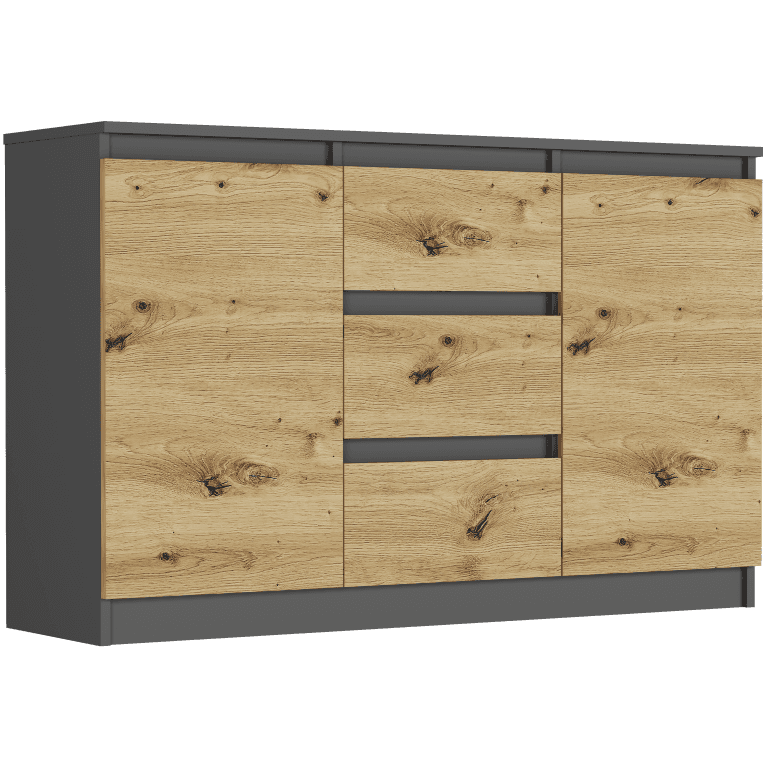 Komoda antracit mix artisan 120x76x33 cm, 3 zásuvky a 2 dvere, Framire R-120-S3 – video produktu