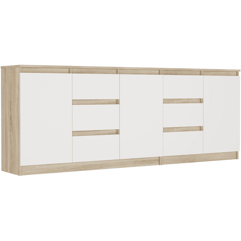 Súprava komód sonoma mix biela, 200x76x33 cm spolu (120+80 cm), 6 zásuviek, 3 dvere, Framire R-200-S6 – video produktu