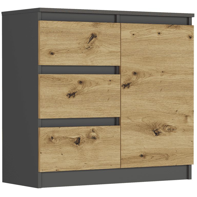 Komoda antracyt mix artisan 80x76x33 cm, 3 zásuvky a 1 dvere, Framire R-80-S3 – video produktu